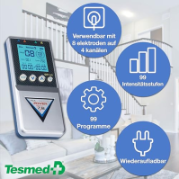 TESMED Max 7.8 Digitální TENS masážní + EMS Duo elektrostimulační přístroj se 4 kanály, pro budování svalů včetně 8 elektrod